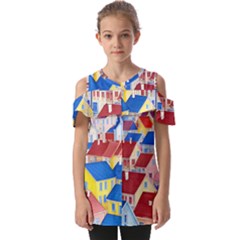City Houses Cute Drawing Landscape Village Fold Over Open Sleeve Top by Uceng