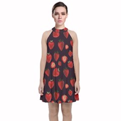 Watercolor Strawberry Velvet Halter Neckline Dress  by SychEva