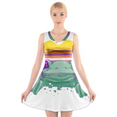 Frog Animal Sun Amphibian Figure Digital Art V-neck Sleeveless Dress by Wegoenart