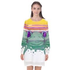 Frog Animal Sun Amphibian Figure Digital Art Long Sleeve Chiffon Shift Dress  by Wegoenart