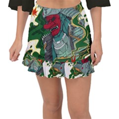 Armor Japan Maple Leaves Samurai Mask Cut Fishtail Mini Chiffon Skirt