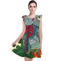 Armor Japan Maple Leaves Samurai Mask Cut Tie Up Tunic Dress