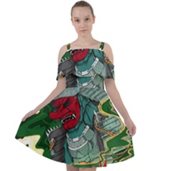 Armor Japan Maple Leaves Samurai Mask Cut Cut Out Shoulders Chiffon Dress