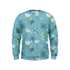 Butterflies Flowers Blue Background Spring Pattern Kids  Sweatshirt