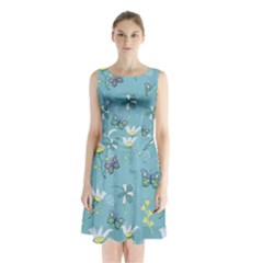 Butterflies Flowers Blue Background Spring Pattern Sleeveless Waist Tie Chiffon Dress by Ravend