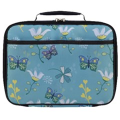 Butterflies Flowers Blue Background Spring Pattern Full Print Lunch Bag by Ravend