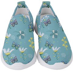 Butterflies Flowers Blue Background Spring Pattern Kids  Slip On Sneakers