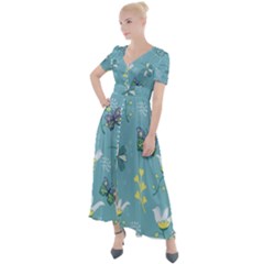 Butterflies Flowers Blue Background Spring Pattern Button Up Short Sleeve Maxi Dress by Ravend