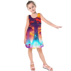 Sci-fi Fantasy Art Painting Colorful Pattern Kids  Sleeveless Dress