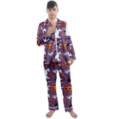 Pumpkin Ghost Witch Hat Halloween Sketch Holiday Men s Long Sleeve Satin Pajamas Set by Ravend