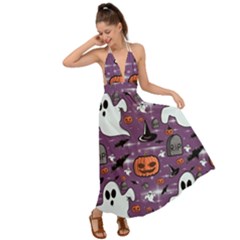 Pumpkin Ghost Witch Hat Halloween Sketch Holiday Backless Maxi Beach Dress