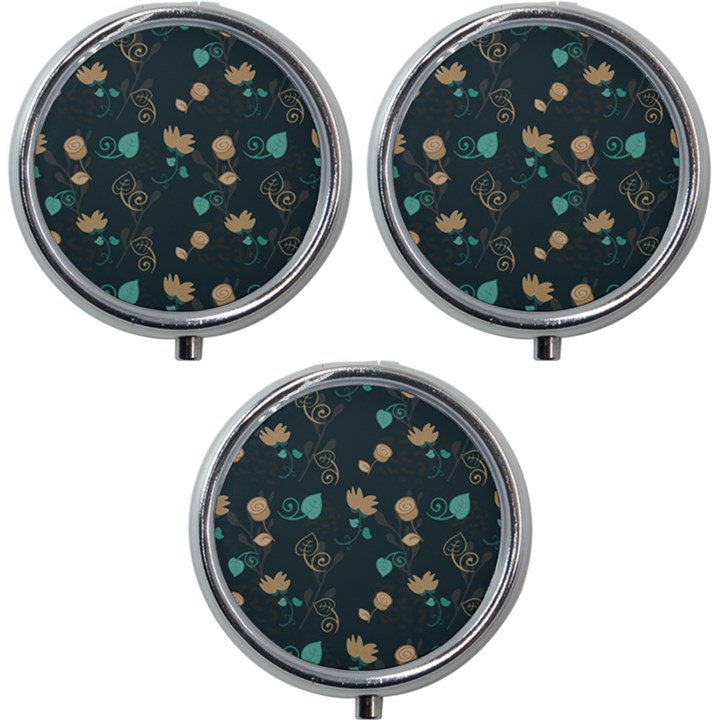 Flowers Leaves Pattern Seamless Green Background Mini Round Pill Box (Pack of 3)