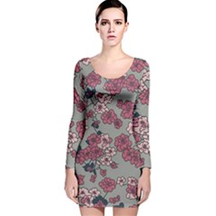 Traditional Cherry Blossom On A Gray Background Long Sleeve Velvet Bodycon Dress