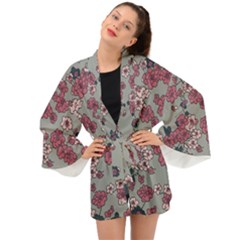 Traditional Cherry Blossom On A Gray Background Long Sleeve Kimono by Kiyoshi88