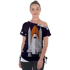 Rocket Space Universe Spaceship Off Shoulder Tie-up Tee