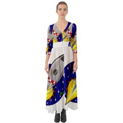 Rocket Ship Launch Vehicle Moon Button Up Boho Maxi Dress by Salman4z