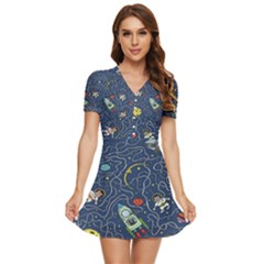 Cat Cosmos Cosmonaut Rocket V-neck High Waist Chiffon Mini Dress