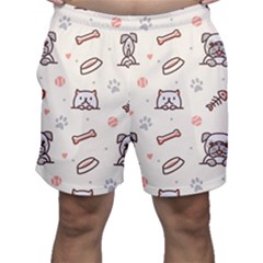 Pug Dog Cat With Bone Fish Bones Paw Prints Ball Seamless Pattern Vector Background Men s Shorts