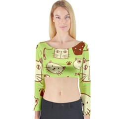 Cute Hand Drawn Cat Seamless Pattern Long Sleeve Crop Top by Salman4z