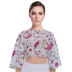 Cute Animal Seamless Pattern Kawaii Doodle Style Tie Back Butterfly Sleeve Chiffon Top by Salman4z