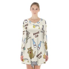 Happy-cats-pattern-background Long Sleeve Velvet V-neck Dress by Salman4z