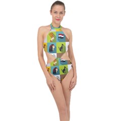 Egypt-travel-items-icons-set-flat-style Halter Side Cut Swimsuit by Salman4z