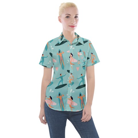 Beach-surfing-surfers-with-surfboards-surfer-rides-wave-summer-outdoors-surfboards-seamless-pattern- Women s Short Sleeve Pocket Shirt by Salman4z