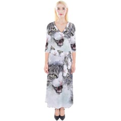 Cat Pet Art Abstract Watercolor Quarter Sleeve Wrap Maxi Dress