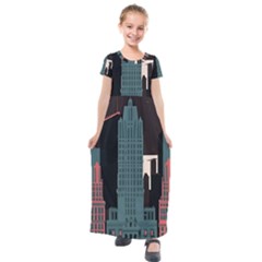 New York City Nyc Skyline Cityscape Kids  Short Sleeve Maxi Dress by Ravend