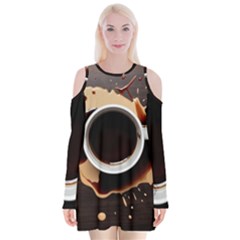 Coffee Cafe Espresso Drink Beverage Velvet Long Sleeve Shoulder Cutout Dress by Ravend