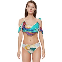 Tsunami Tidal Wave Waves Minimalist Ocean Sea Ruffle Edge Tie Up Bikini Set	