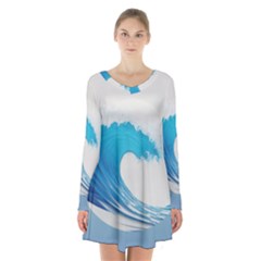 Wave Tsunami Tidal Wave Ocean Sea Water Long Sleeve Velvet V-neck Dress