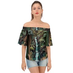 Jungle Tropical Trees Waterfall Plants Papercraft Off Shoulder Short Sleeve Top