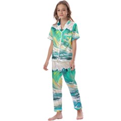 Waves Ocean Sea Tsunami Nautical Painting Kids  Satin Short Sleeve Pajamas Set