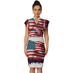 Patriotic Usa United States Flag Old Glory Vintage Frill Sleeve V-neck Bodycon Dress