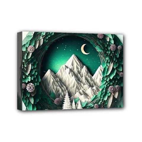 Christmas Wreath Winter Mountains Snow Stars Moon Mini Canvas 7  X 5  (stretched)