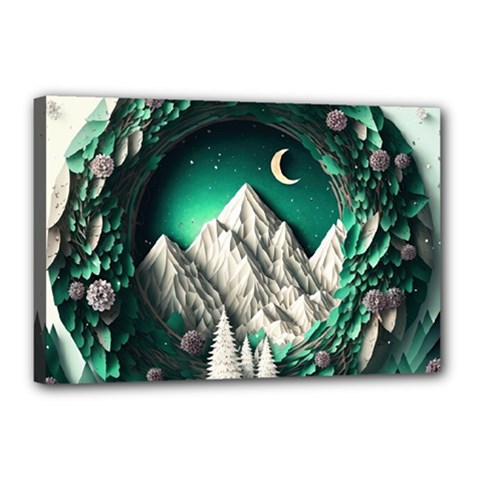 Christmas Wreath Winter Mountains Snow Stars Moon Canvas 18  X 12  (stretched)