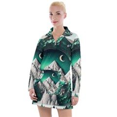 Christmas Wreath Winter Mountains Snow Stars Moon Women s Long Sleeve Casual Dress by Ravend