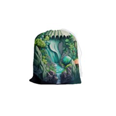 Waterfall Jungle Nature Paper Craft Trees Tropical Drawstring Pouch (small) by Ravend