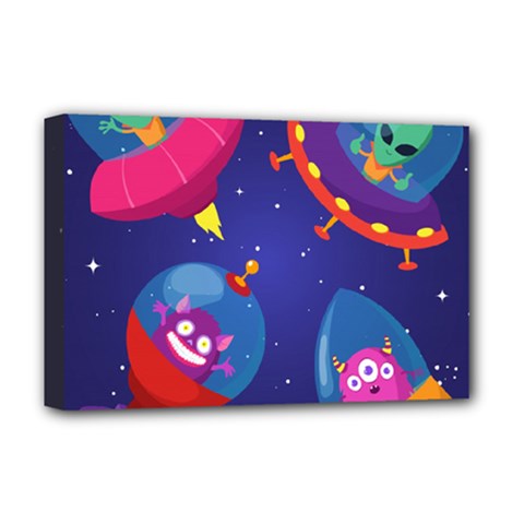 Cartoon-funny-aliens-with-ufo-duck-starry-sky-set Deluxe Canvas 18  X 12  (stretched) by Salman4z