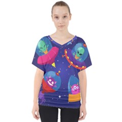 Cartoon-funny-aliens-with-ufo-duck-starry-sky-set V-neck Dolman Drape Top by Salman4z