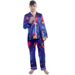 Cartoon-funny-aliens-with-ufo-duck-starry-sky-set Men s Long Sleeve Satin Pajamas Set by Salman4z