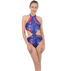 Cartoon-funny-aliens-with-ufo-duck-starry-sky-set Halter Side Cut Swimsuit by Salman4z