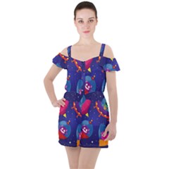 Cartoon-funny-aliens-with-ufo-duck-starry-sky-set Ruffle Cut Out Chiffon Playsuit by Salman4z