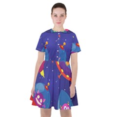 Cartoon-funny-aliens-with-ufo-duck-starry-sky-set Sailor Dress by Salman4z