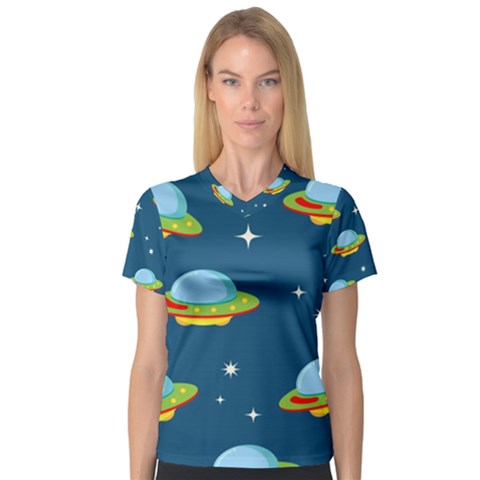 Seamless-pattern-ufo-with-star-space-galaxy-background V-neck Sport Mesh Tee by Salman4z
