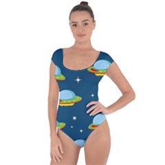 Seamless-pattern-ufo-with-star-space-galaxy-background Short Sleeve Leotard  by Salman4z