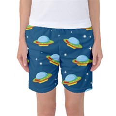 Seamless-pattern-ufo-with-star-space-galaxy-background Women s Basketball Shorts by Salman4z