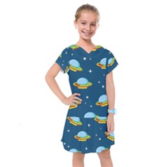 Seamless-pattern-ufo-with-star-space-galaxy-background Kids  Drop Waist Dress by Salman4z