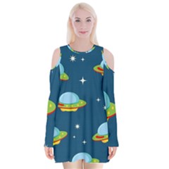 Seamless-pattern-ufo-with-star-space-galaxy-background Velvet Long Sleeve Shoulder Cutout Dress by Salman4z